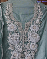 Mul Cotton Embroidered Pearl Work Unstitched Suit with Scalloped Dupatta