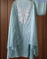 Mul Cotton Embroidered Pearl Work Unstitched Suit with Scalloped Dupatta