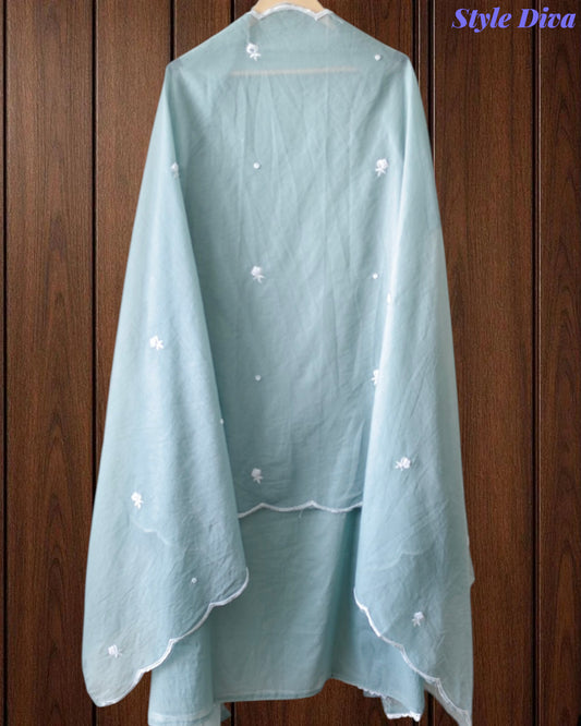 Mul Cotton Embroidered Pearl Work Unstitched Suit with Scalloped Dupatta