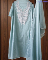 Mul Cotton Embroidered Pearl Work Unstitched Suit with Scalloped Dupatta