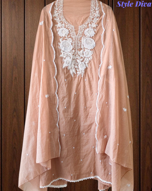 Mul Cotton Embroidered Pearl Work Unstitched Suit with Scalloped Dupatta