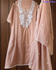 Mul Cotton Embroidered Pearl Work Unstitched Suit with Scalloped Dupatta