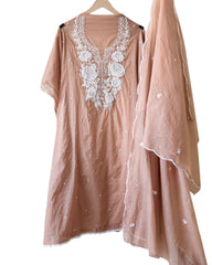Mul Cotton Embroidered Pearl Work Unstitched Suit with Scalloped Dupatta