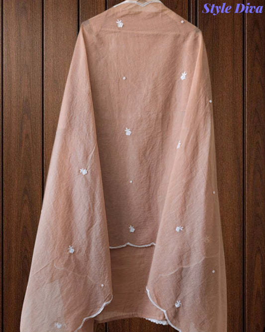 Mul Cotton Embroidered Pearl Work Unstitched Suit with Scalloped Dupatta