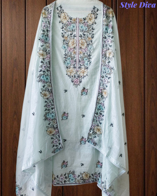 Mul Cotton Colorful Embroidered Unstitched Suit With Embroidered Dupatta