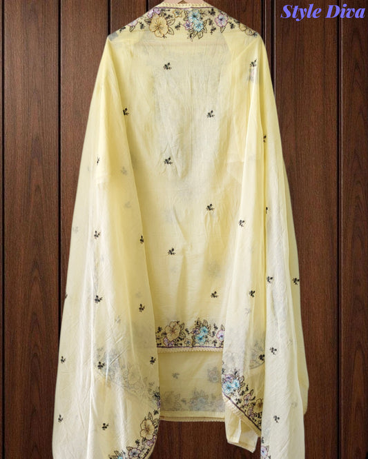 Mul Cotton Colorful Embroidered Unstitched Suit With Embroidered Dupatta