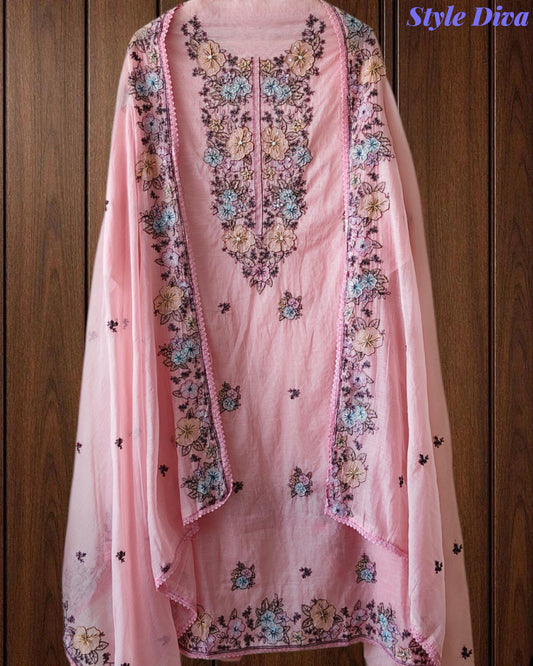 Mul Cotton Colorful Embroidered Unstitched Suit With Embroidered Dupatta