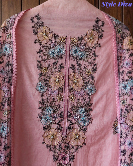Mul Cotton Colorful Embroidered Unstitched Suit With Embroidered Dupatta