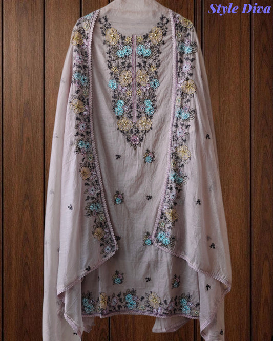 Mul Cotton Colorful Embroidered Unstitched Suit With Embroidered Dupatta