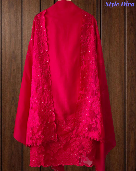 Modal Laser Cut Applique Work Unstitched Suit with Embroidered Modal Dupatta