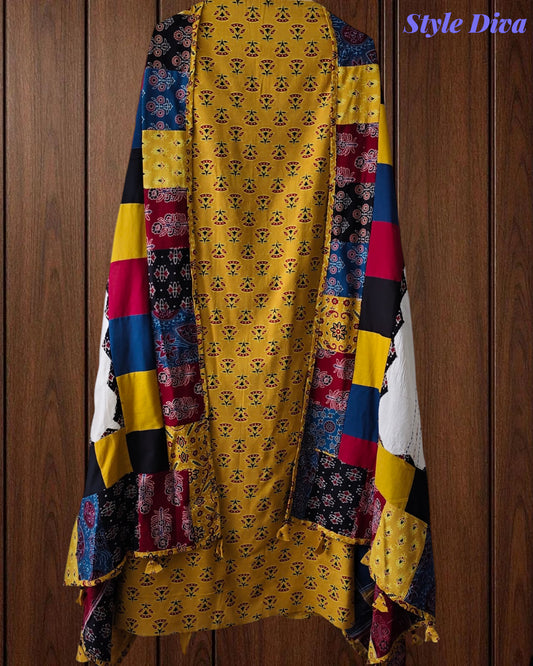Cotton Printed Applique Work Unstitched Suit with Designer Applique Work Dupatta