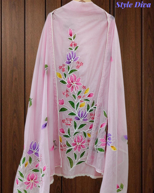 Festive Mul Cotton Brush Paint Unstitched Suit with 3D Embroidery & Crochet Detailing