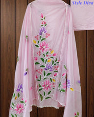 Festive Mul Cotton Brush Paint Unstitched Suit with 3D Embroidery & Crochet Detailing