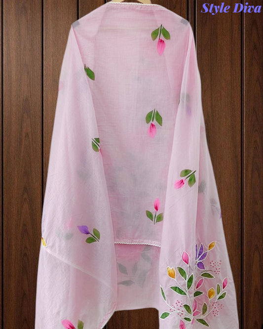 Festive Mul Cotton Brush Paint Unstitched Suit with 3D Embroidery & Crochet Detailing
