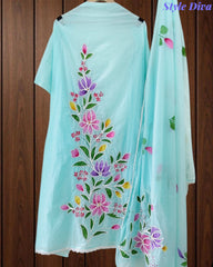 Festive Mul Cotton Brush Paint Unstitched Suit with 3D Embroidery & Crochet Detailing