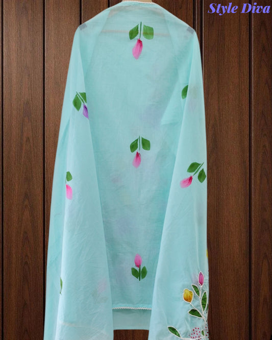Festive Mul Cotton Brush Paint Unstitched Suit with 3D Embroidery & Crochet Detailing