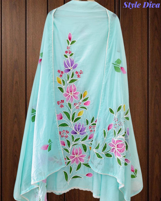 Festive Mul Cotton Brush Paint Unstitched Suit with 3D Embroidery & Crochet Detailing