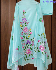Festive Mul Cotton Brush Paint Unstitched Suit with 3D Embroidery & Crochet Detailing
