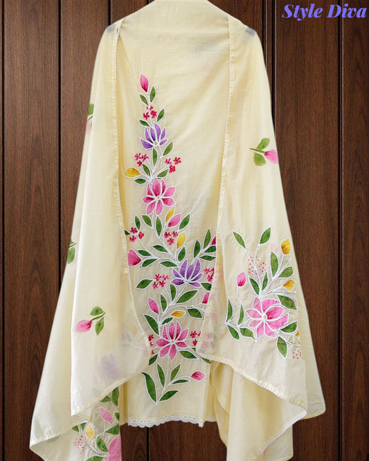 Festive Mul Cotton Brush Paint Unstitched Suit with 3D Embroidery & Crochet Detailing