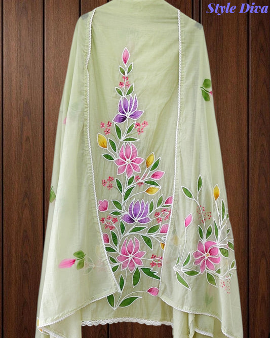 Festive Mul Cotton Brush Paint Unstitched Suit with 3D Embroidery & Crochet Detailing