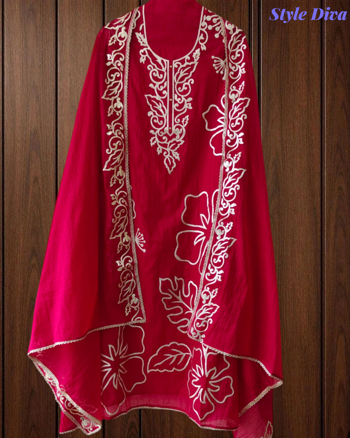 (MAGENTA)-Mul Cotton Faux Leather Work Unstitched Suit Set for Women | Festive & Party Wear