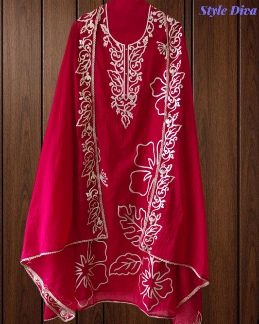 (MAGENTA)-Mul Cotton Faux Leather Work Unstitched Suit Set for Women | Festive & Party Wear