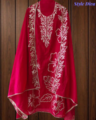 (MAGENTA)-Mul Cotton Faux Leather Work Unstitched Suit Set for Women | Festive & Party Wear