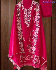 (MAGENTA)-Mul Cotton Faux Leather Work Unstitched Suit Set for Women | Festive & Party Wear