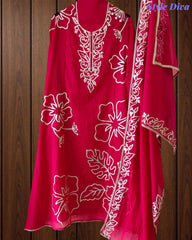 (MAGENTA)-Mul Cotton Faux Leather Work Unstitched Suit Set for Women | Festive & Party Wear