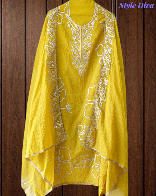 Mul Cotton Faux Leather Work Unstitched Suit Set for Women | Festive & Party Wear