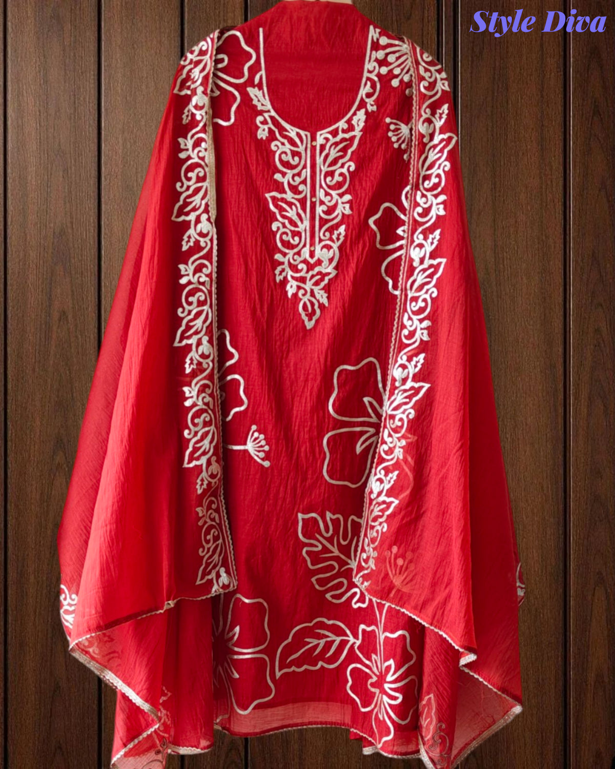 (RUST COLOR)- Mul Cotton Faux Leather Work Unstitched Suit Set for Women | Festive & Party Wear