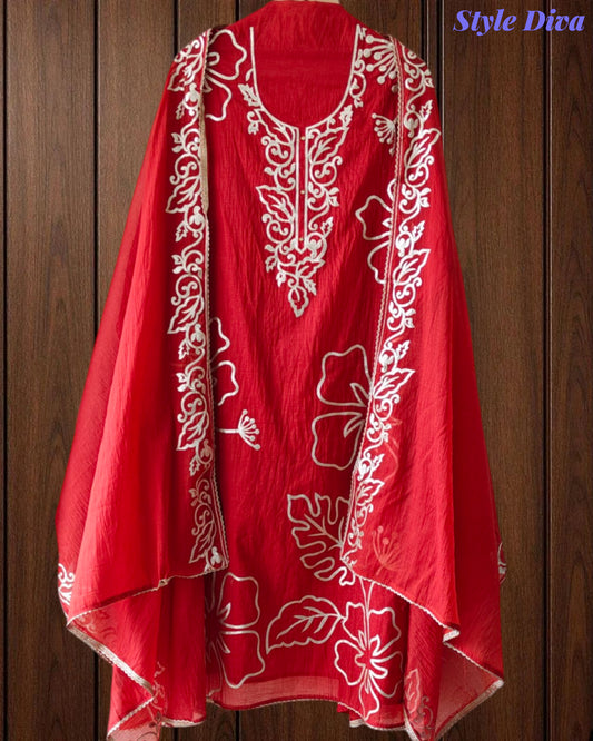 (RUST COLOR)- Mul Cotton Faux Leather Work Unstitched Suit Set for Women | Festive & Party Wear