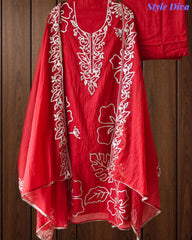 (RUST COLOR)- Mul Cotton Faux Leather Work Unstitched Suit Set for Women | Festive & Party Wear