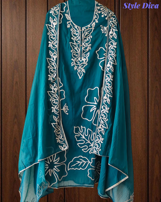 Mul Cotton Faux Leather Work Unstitched Suit Set for Women | Festive & Party Wear