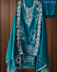 Mul Cotton Faux Leather Work Unstitched Suit Set for Women | Festive & Party Wear