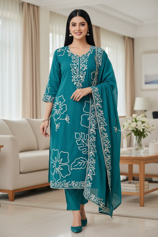 Mul Cotton Faux Leather Work Unstitched Suit Set for Women | Festive & Party Wear