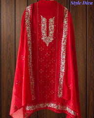 Designer Mul Cotton Embroidery & Pita Work Unstitched Suit ( 3 Pc Set)
