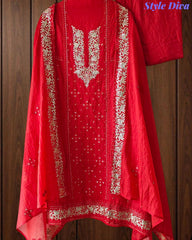 Designer Mul Cotton Embroidery & Pita Work Unstitched Suit ( 3 Pc Set)