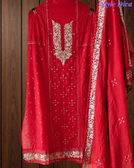 Designer Mul Cotton Embroidery & Pita Work Unstitched Suit ( 3 Pc Set)