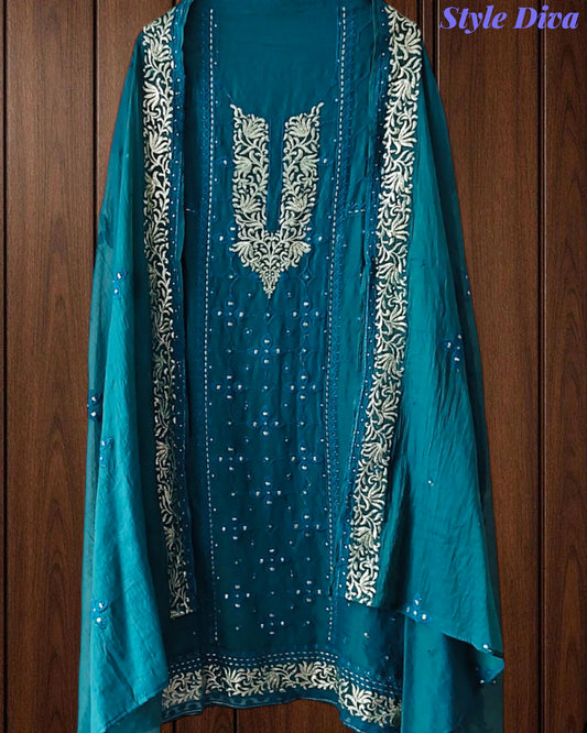 Designer Mul Cotton Embroidery & Pita Work Unstitched Suit ( 3 Pc Set)