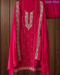 Designer Mul Cotton Embroidery & Pita Work Unstitched Suit ( 3 Pc Set)