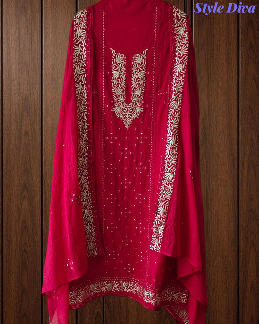 Designer Mul Cotton Embroidery & Pita Work Unstitched Suit ( 3 Pc Set)