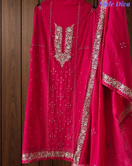 Designer Mul Cotton Embroidery & Pita Work Unstitched Suit ( 3 Pc Set)