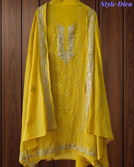 Designer Mul Cotton Embroidery & Pita Work Unstitched Suit ( 3 Pc Set)