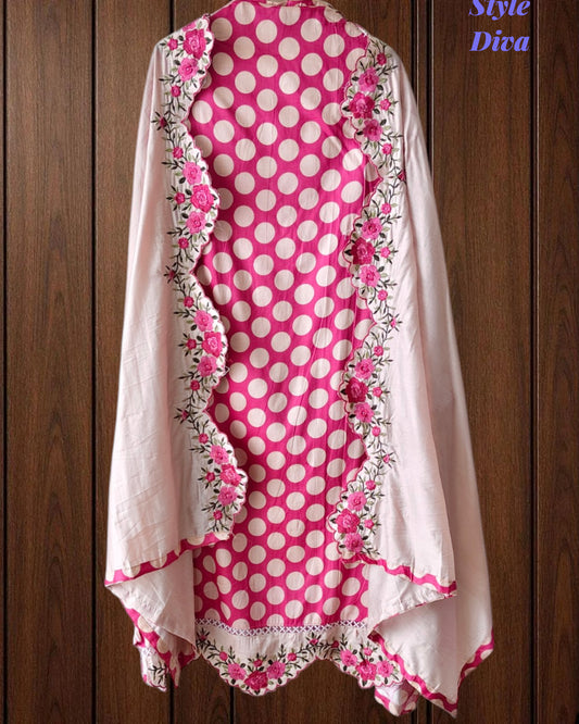 Pure Cotton Polka Printed Daman Embroidery Unstitched Suit with Scalloped Embroidered Dupatta