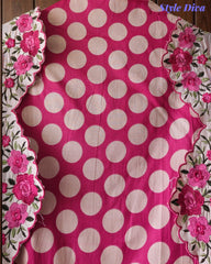 Pure Cotton Polka Printed Daman Embroidery Unstitched Suit with Scalloped Embroidered Dupatta