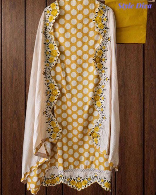 Pure Cotton Polka Printed Daman Embroidery Unstitched Suit with Scalloped Embroidered Dupatta