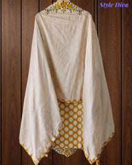 Pure Cotton Polka Printed Daman Embroidery Unstitched Suit with Scalloped Embroidered Dupatta