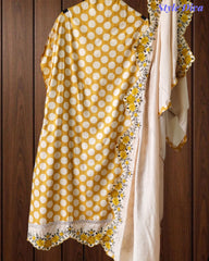Pure Cotton Polka Printed Daman Embroidery Unstitched Suit with Scalloped Embroidered Dupatta