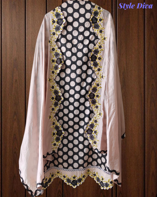 Pure Cotton Polka Printed Daman Embroidery Unstitched Suit with Scalloped Embroidered Dupatta